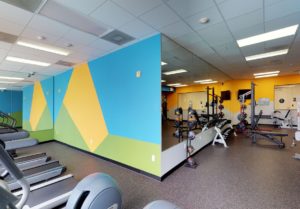Fitness center with mirror, cardio machines, strength training equipment, and free weights.