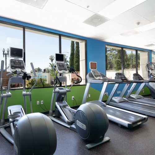 Fitness center with cardio machines including ellipticals, treadmills, and a stair stepper