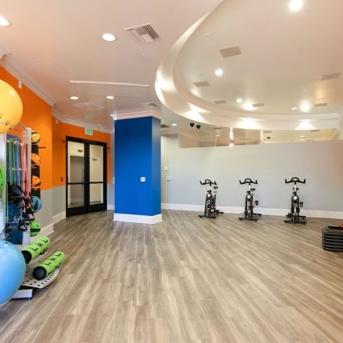 Yoga fitness studio with Fitness on Demand, bikes, yoga balls, resistance bands, and mats